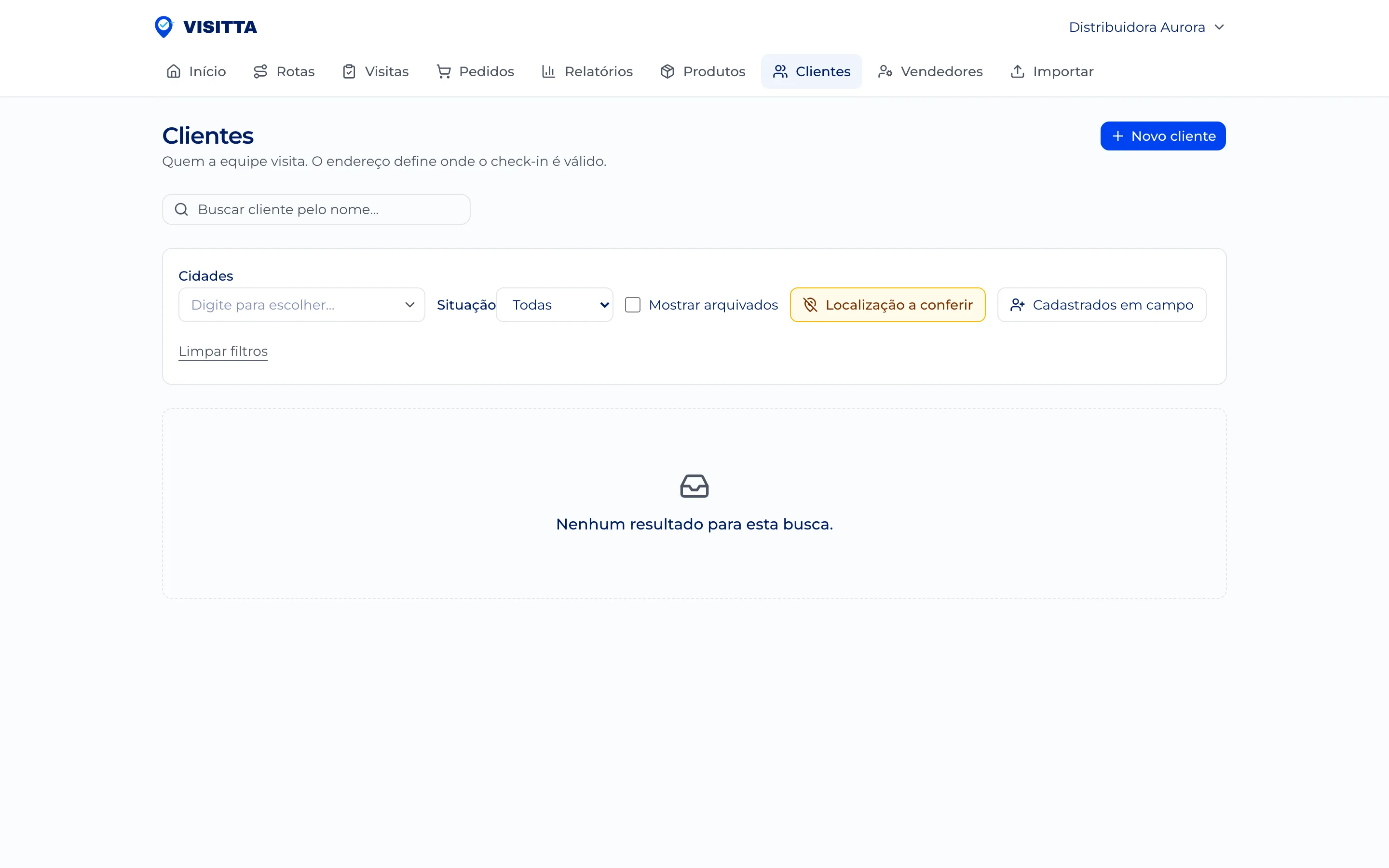 Lista de clientes com o filtro "Localização a conferir" destacado em amarelo e nenhum resultado abaixo dele.