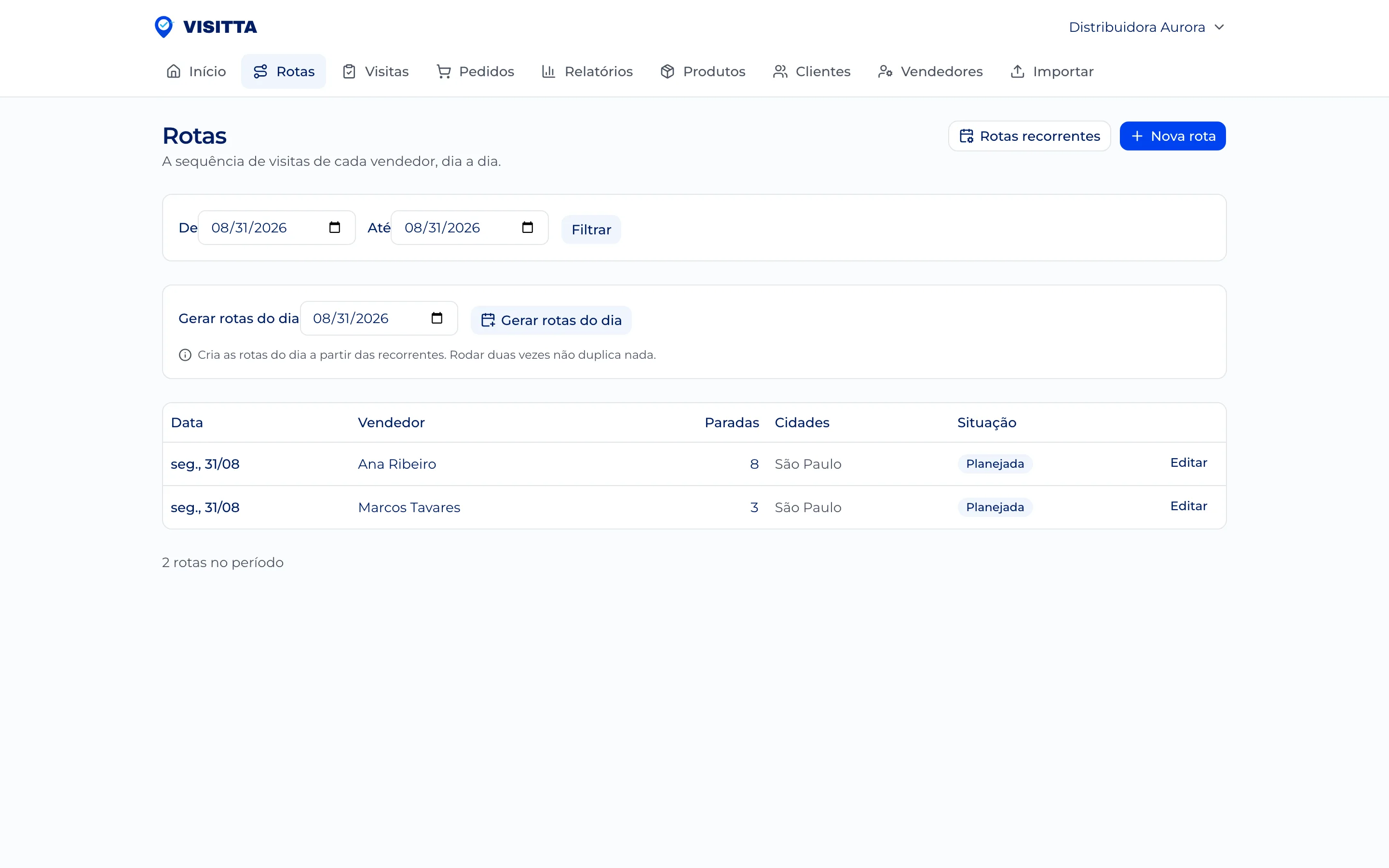 Lista de rotas do painel, com o bloco "Gerar rotas do dia" acima e as rotas do período abaixo, uma por vendedor.